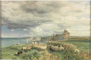 Côte avec château, moutons et berger